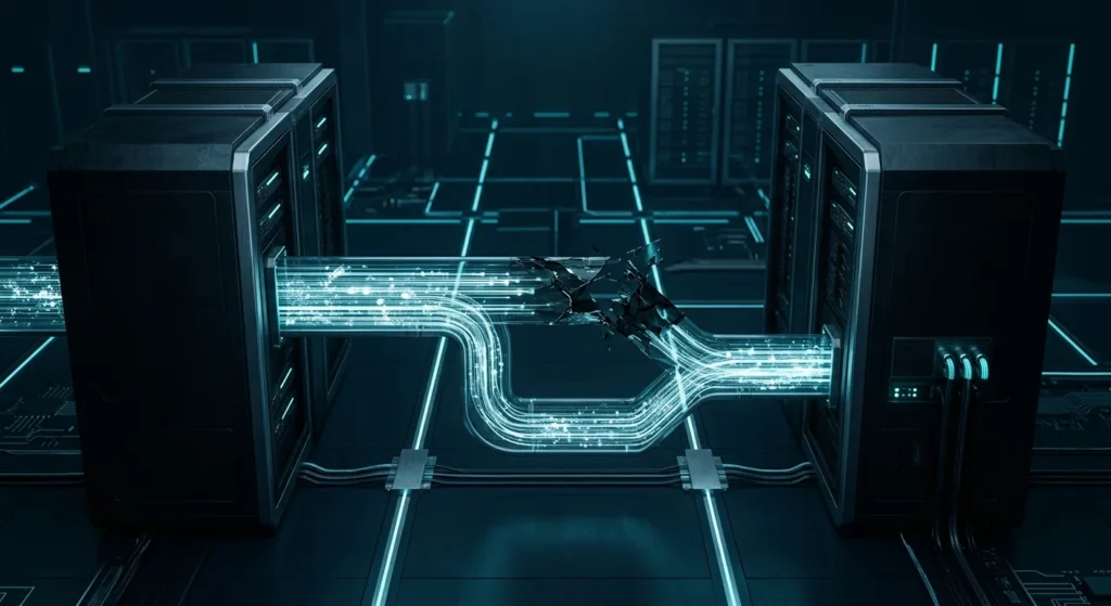 Failed data connection between servers with a separate recovery path.