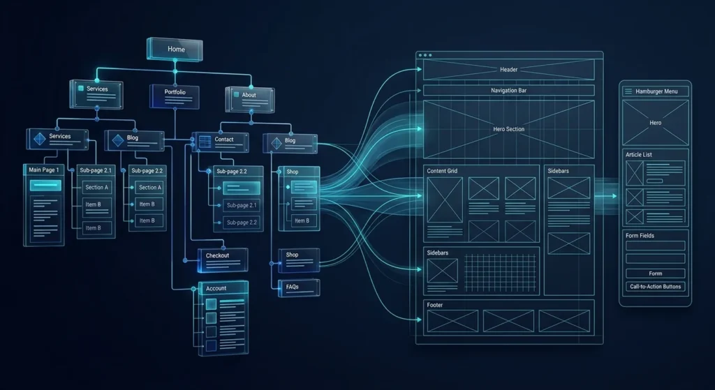 Website page hierarchy transitioning into structured desktop and mobile wireframes.