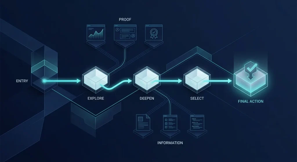 Connected website pages forming a clear customer decision journey from entry to action.
