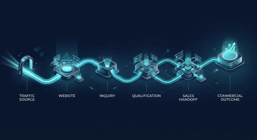 Connected attribution journey from website traffic to qualified opportunity and revenue.