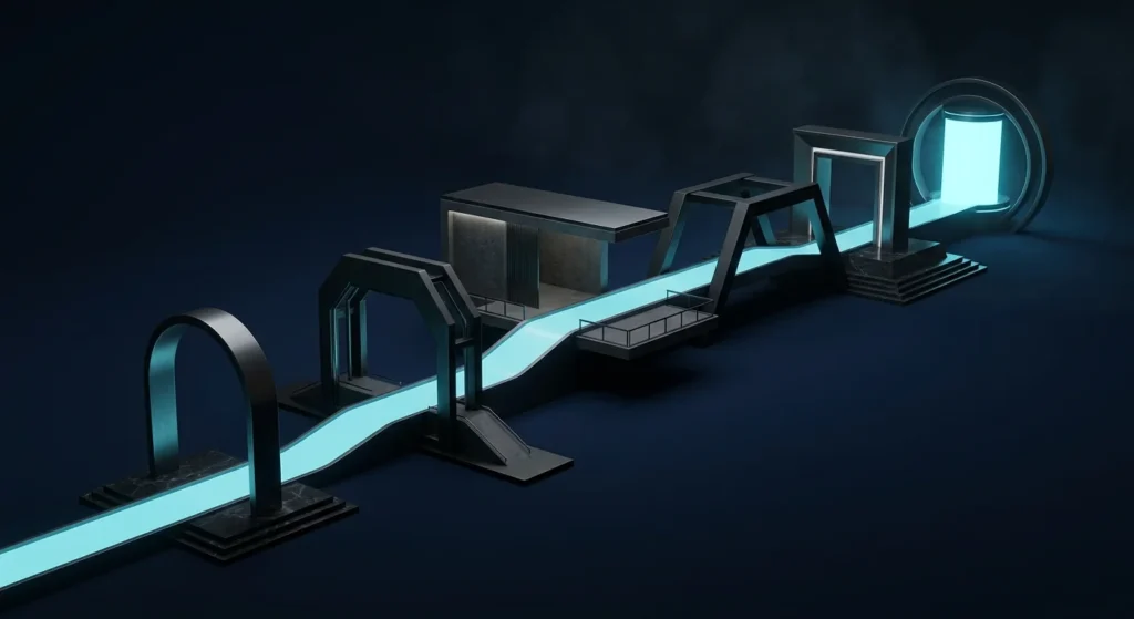 A connected digital journey with a clear continuous route from website entry to inquiry.